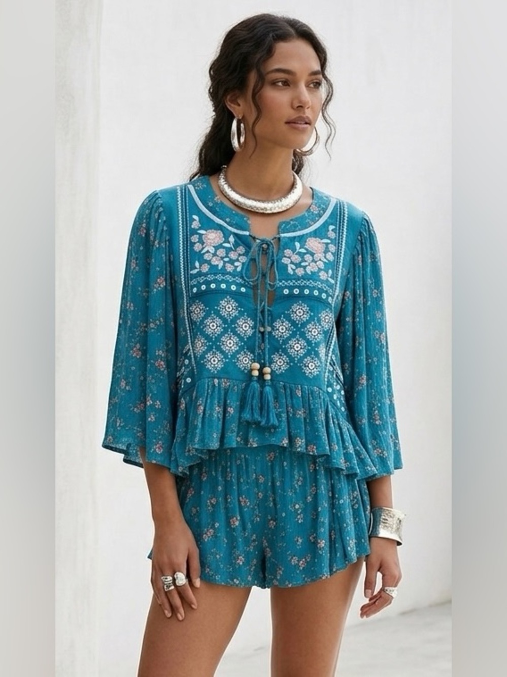 Wonderly Boho Glam Turquoise Floral Two-Piece Romper Set